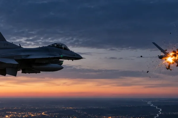 NATO fighter aircraft intercepting a drone at dusk, illustrating the unidentified drone incursion over Lithuania.