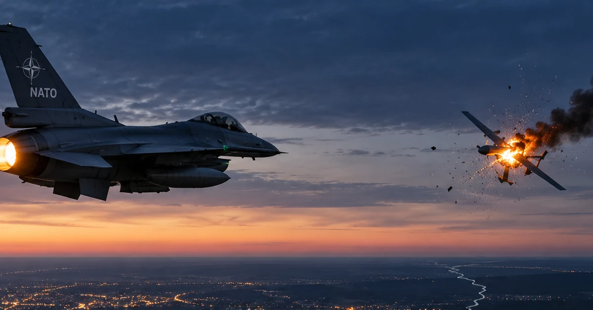 NATO fighter aircraft intercepting a drone at dusk, illustrating the unidentified drone incursion over Lithuania.