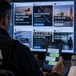 Illustration of a National Crime Agency investigator examining social-media adverts for immigration services on a computer and phone.