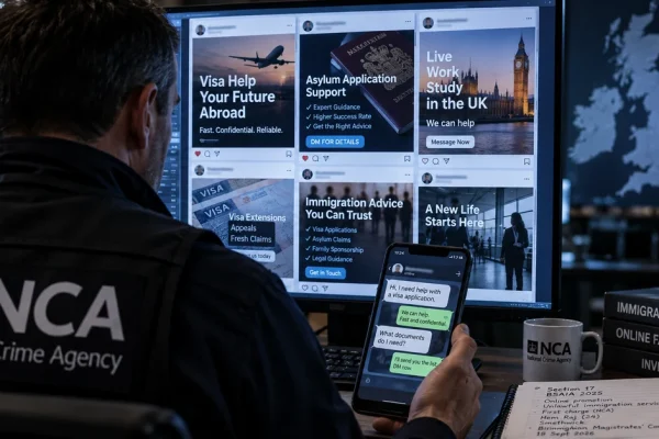 Illustration of a National Crime Agency investigator examining social-media adverts for immigration services on a computer and phone.