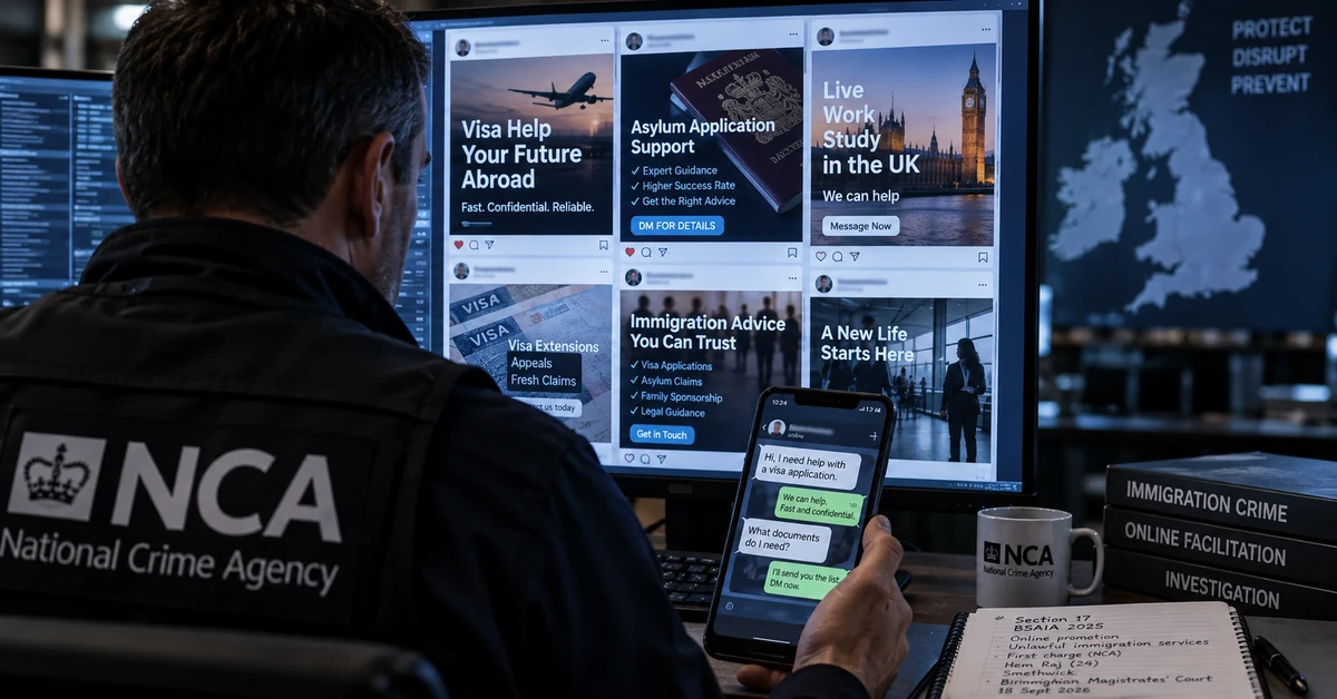 Illustration of a National Crime Agency investigator examining social-media adverts for immigration services on a computer and phone.