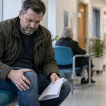 Patient with knee pain waiting in a hospital corridor while holding medical paperwork