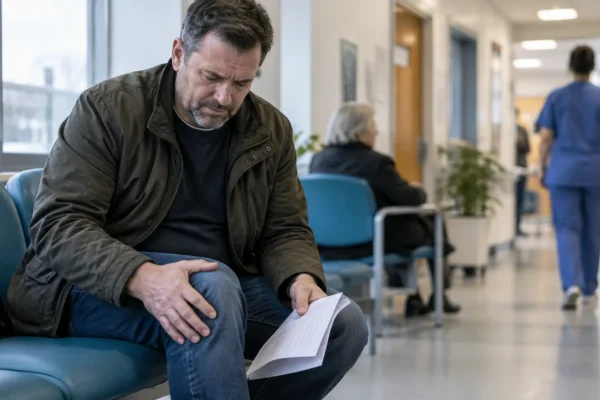 Patient with knee pain waiting in a hospital corridor while holding medical paperwork