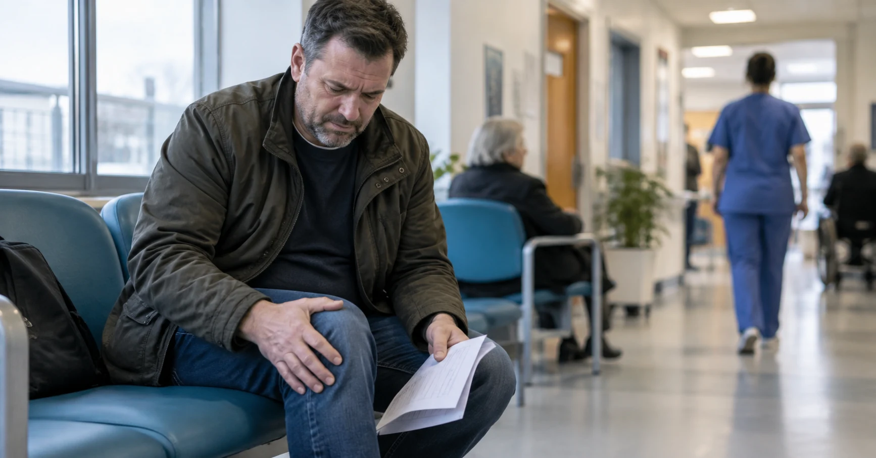 Patient with knee pain waiting in a hospital corridor while holding medical paperwork