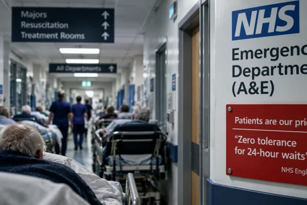 Crowded NHS emergency department corridor with patients waiting on hospital trolleys