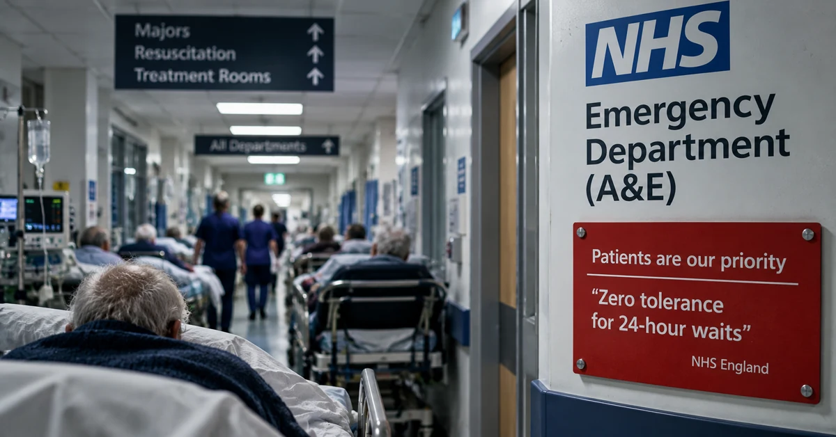 Crowded NHS emergency department corridor with patients waiting on hospital trolleys
