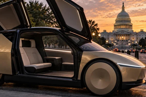 A futuristic autonomous two-seat vehicle with its doors open and no visible steering wheel, with the U.S. Capitol in the background.