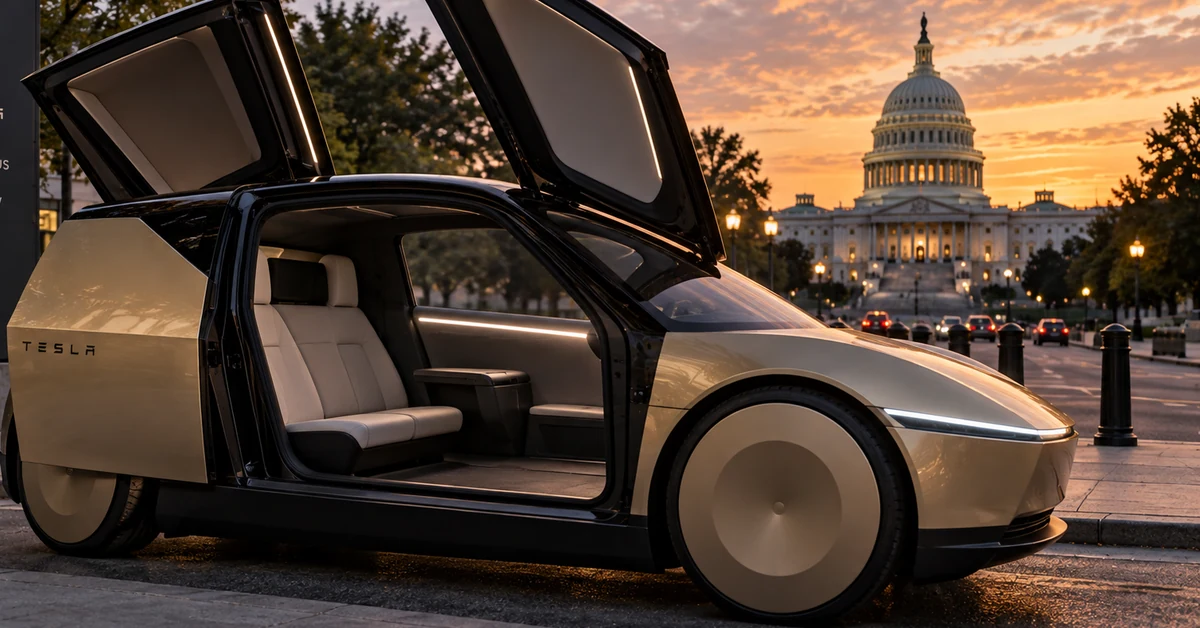 A futuristic autonomous two-seat vehicle with its doors open and no visible steering wheel, with the U.S. Capitol in the background.