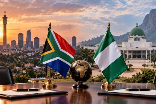 South African and Nigerian flags facing each other across a diplomatic table with city and government architecture behind