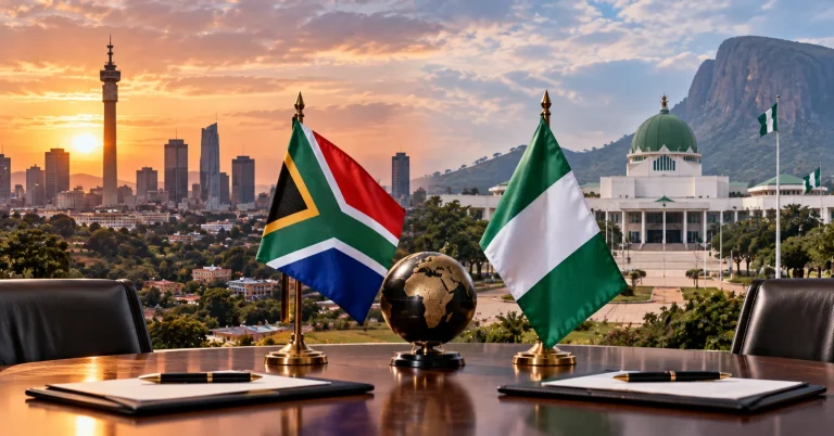 South African and Nigerian flags facing each other across a diplomatic table with city and government architecture behind