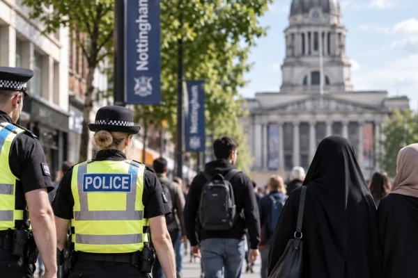 Police officers walking through Nottingham city centre near women wearing religious head coverings.