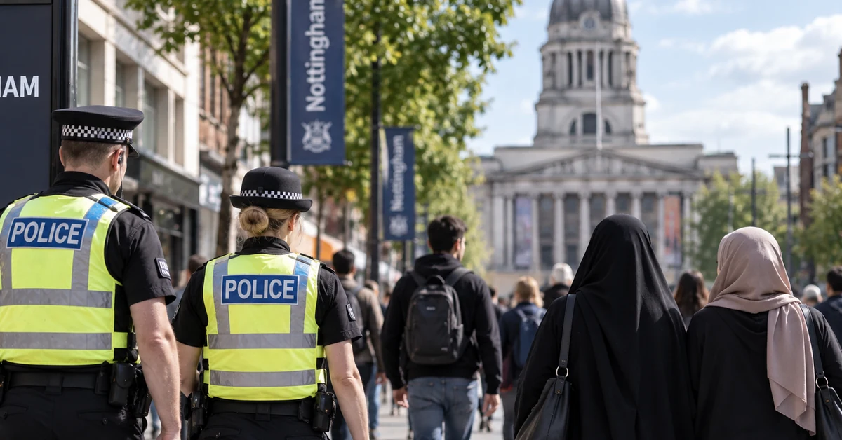 Police officers walking through Nottingham city centre near women wearing religious head coverings.