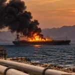 Burning oil tanker in a strategic Gulf waterway with pipelines in the foreground