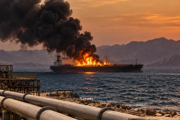 Burning oil tanker in a strategic Gulf waterway with pipelines in the foreground