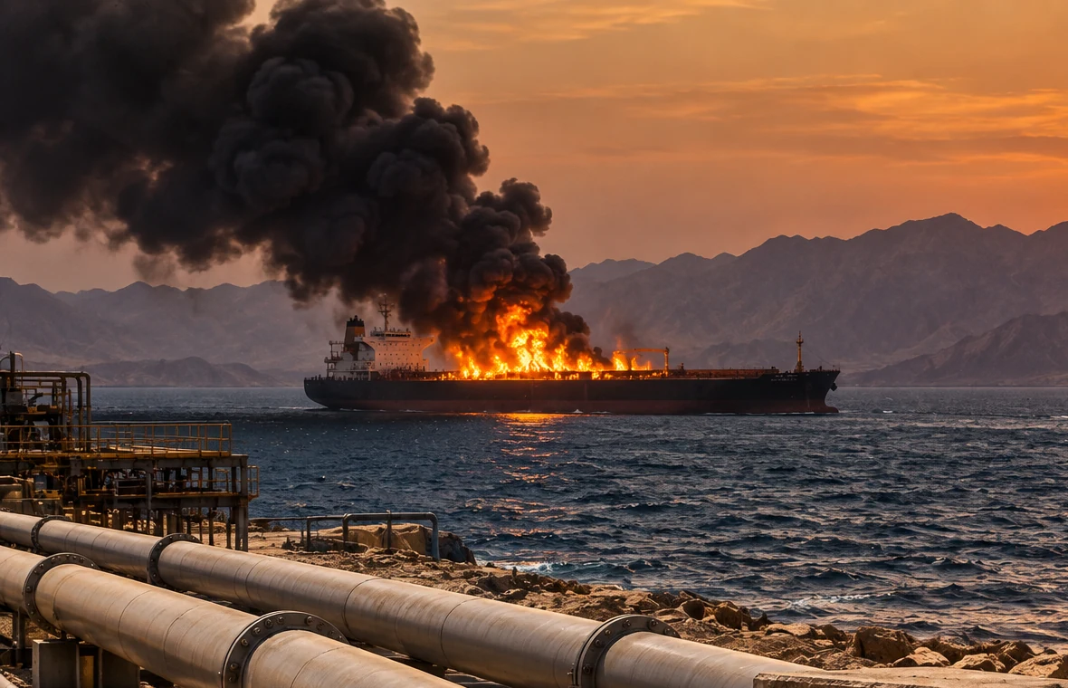 Burning oil tanker in a strategic Gulf waterway with pipelines in the foreground