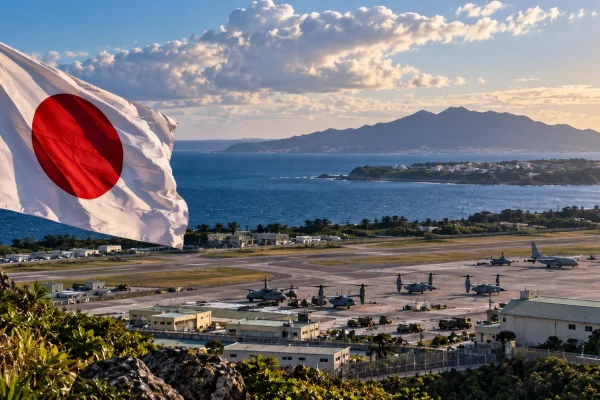 Japanese flag overlooking a military airbase on Okinawa with islands and sea in the distance