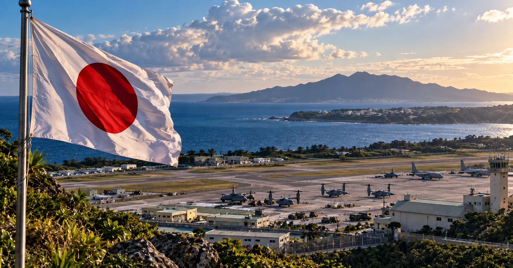 Japanese flag overlooking a military airbase on Okinawa with islands and sea in the distance