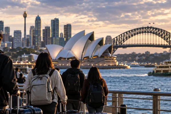 Travellers with luggage overlooking Sydney Harbour, illustrating Australia's debate over temporary migration.
