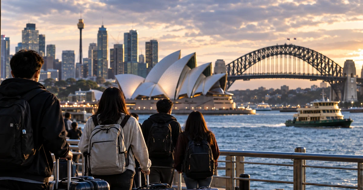 Travellers with luggage overlooking Sydney Harbour, illustrating Australia's debate over temporary migration.