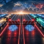 Futuristic global AI race with two central development lanes stopped at barriers while other competitors continue