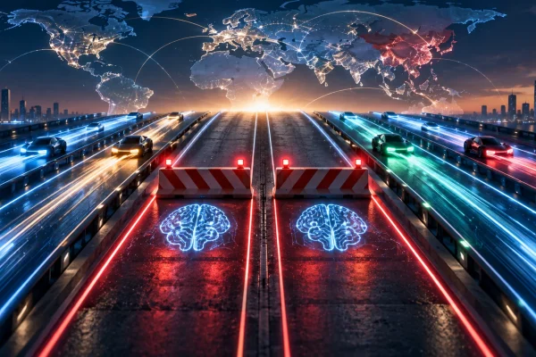 Futuristic global AI race with two central development lanes stopped at barriers while other competitors continue