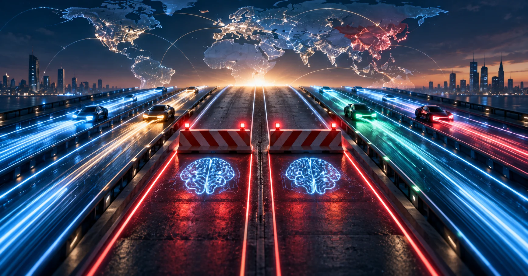 Futuristic global AI race with two central development lanes stopped at barriers while other competitors continue