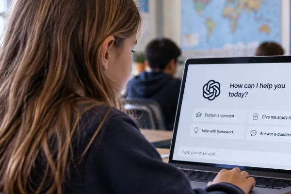 Student using an AI assistant on a laptop in a classroom, illustrating the debate over school AI privacy and student data.