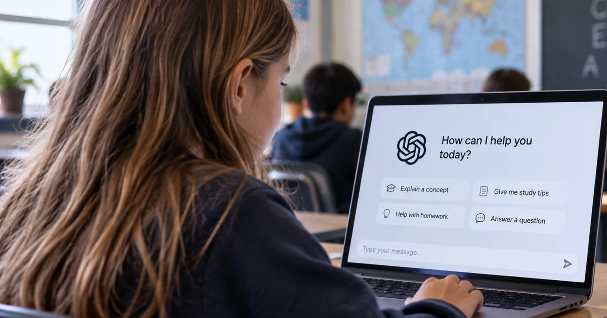 Student using an AI assistant on a laptop in a classroom, illustrating the debate over school AI privacy and student data.