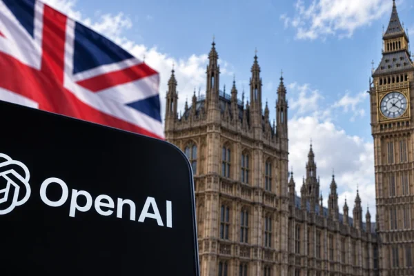 OpenAI symbol alongside the Houses of Parliament and Union flag representing the UK debate over frontier AI regulation