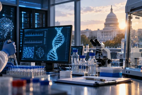 A high-tech biological research laboratory using AI analysis with the U.S. Capitol visible in the background.