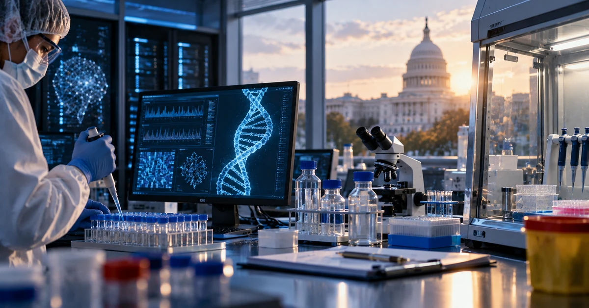 A high-tech biological research laboratory using AI analysis with the U.S. Capitol visible in the background.