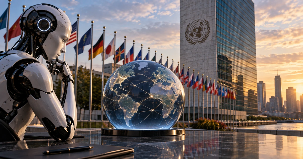 Editorial illustration representing international governance of advanced artificial intelligence.