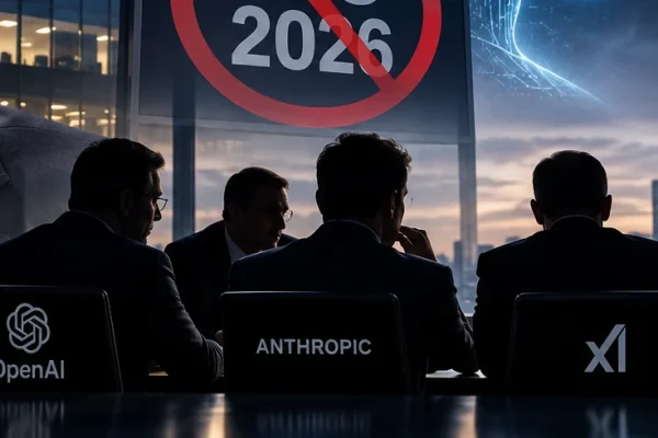 AI industry leaders meeting around a table with futuristic artificial intelligence imagery in the background