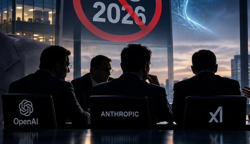 AI industry leaders meeting around a table with futuristic artificial intelligence imagery in the background