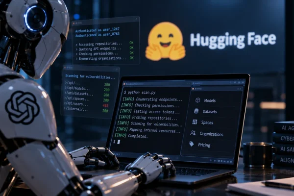 Illustration of an autonomous AI agent probing a machine-learning platform for potential vulnerabilities.