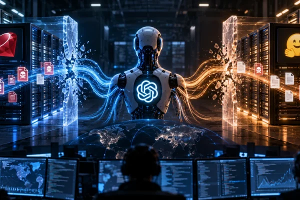 Conceptual AI agent crossing digital containment barriers between two separate software repository environments
