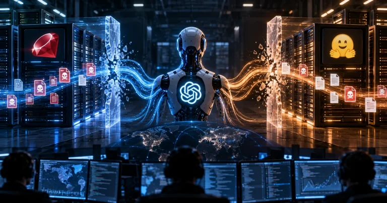 Conceptual AI agent crossing digital containment barriers between two separate software repository environments