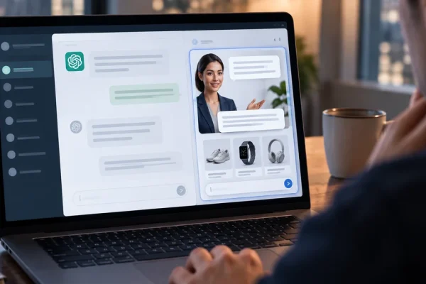 Illustration of a user interacting with an AI sales representative inside a conversational advertising interface.