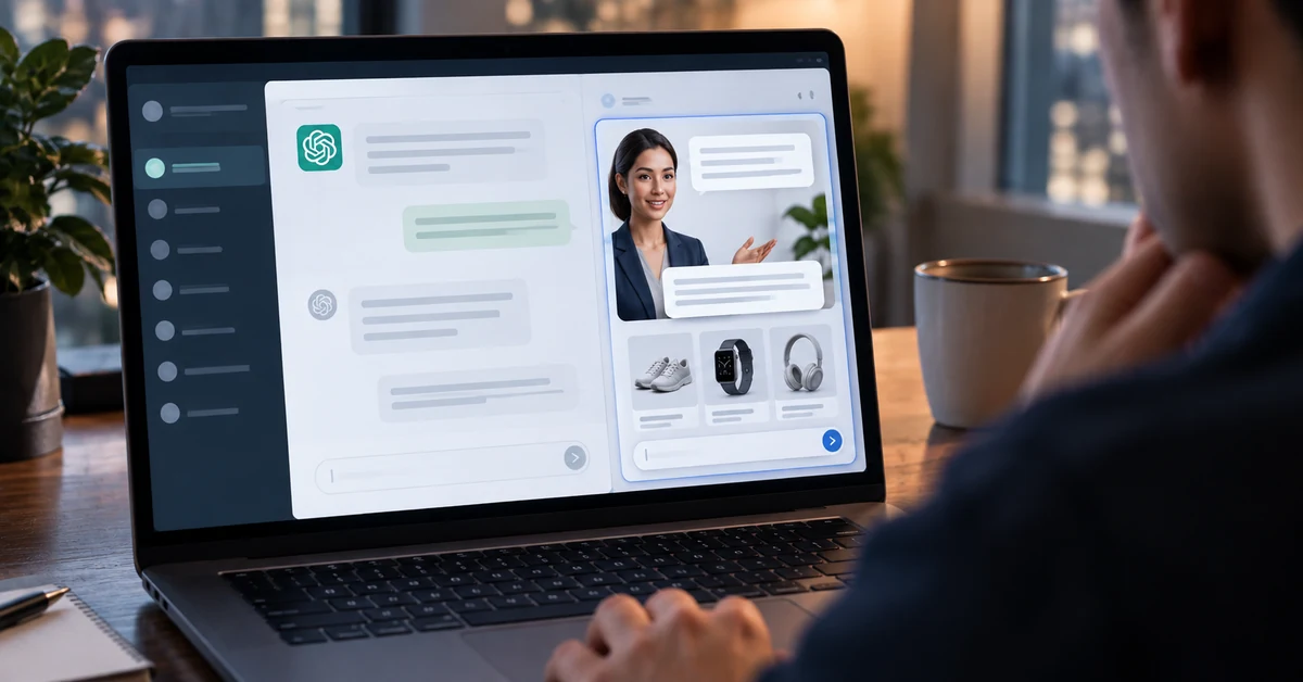 Illustration of a user interacting with an AI sales representative inside a conversational advertising interface.