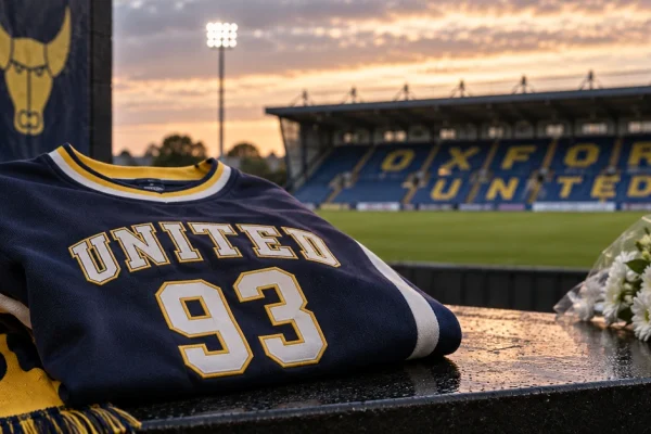 Editorial illustration of an American-style navy and yellow United 93 shirt at a football stadium.