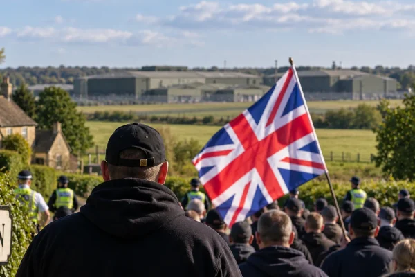 Protesters carrying a Union Jack near Piddington with police and a former military site in the distance