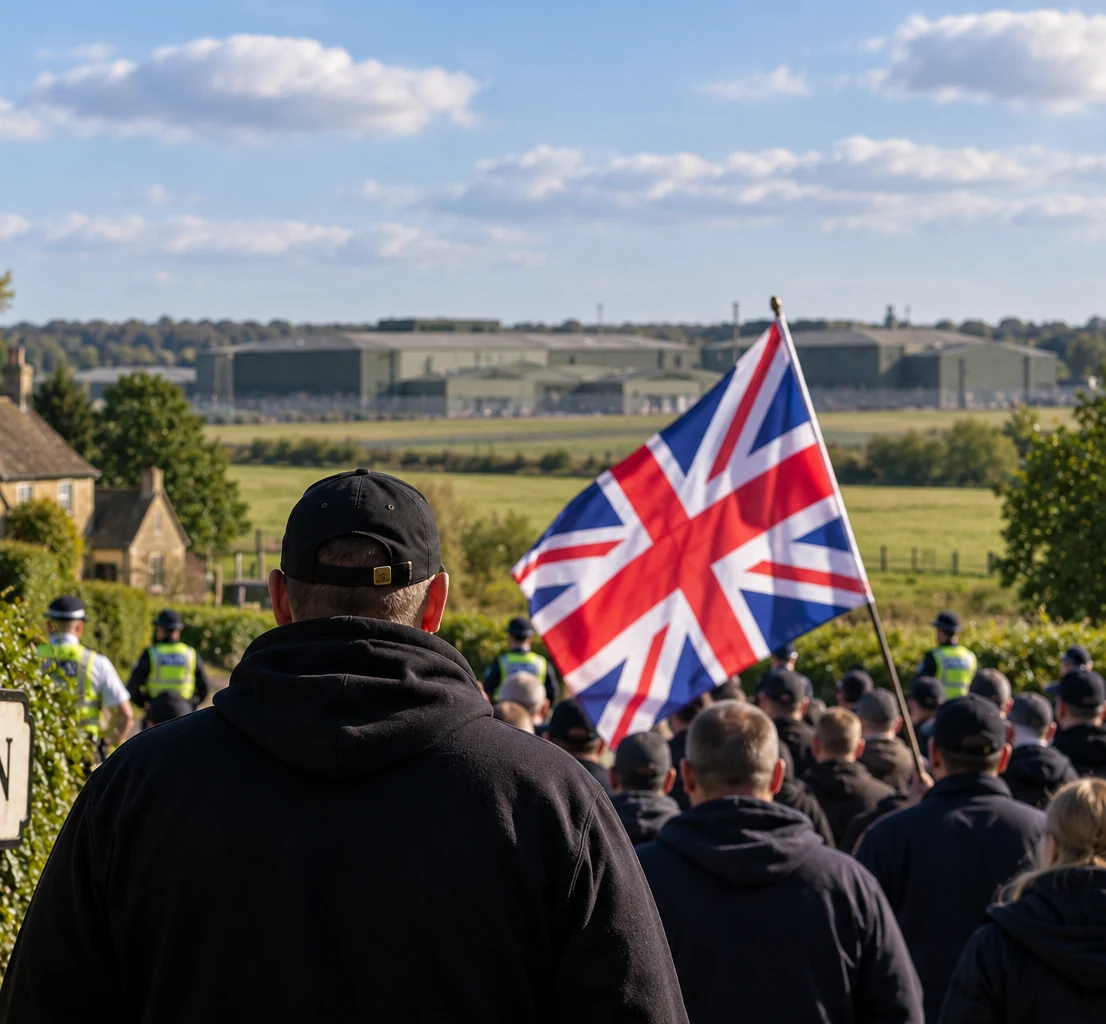 Protesters carrying a Union Jack near Piddington with police and a former military site in the distance