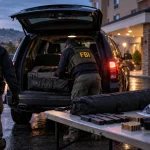 Editorial illustration of a federal law-enforcement operation outside a hotel representing the terrorism case against Jonathan Hunter Kramer.