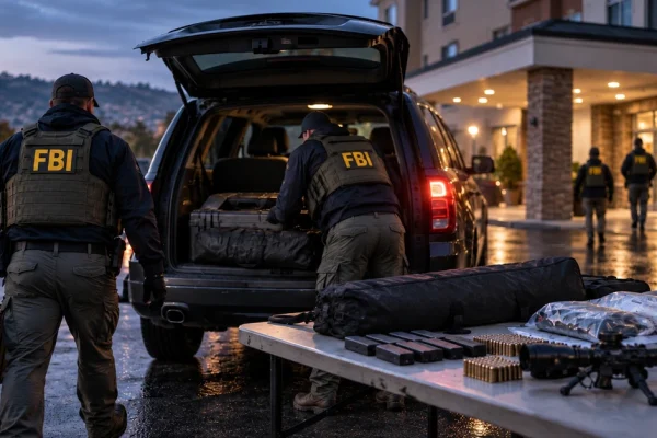 Editorial illustration of a federal law-enforcement operation outside a hotel representing the terrorism case against Jonathan Hunter Kramer.