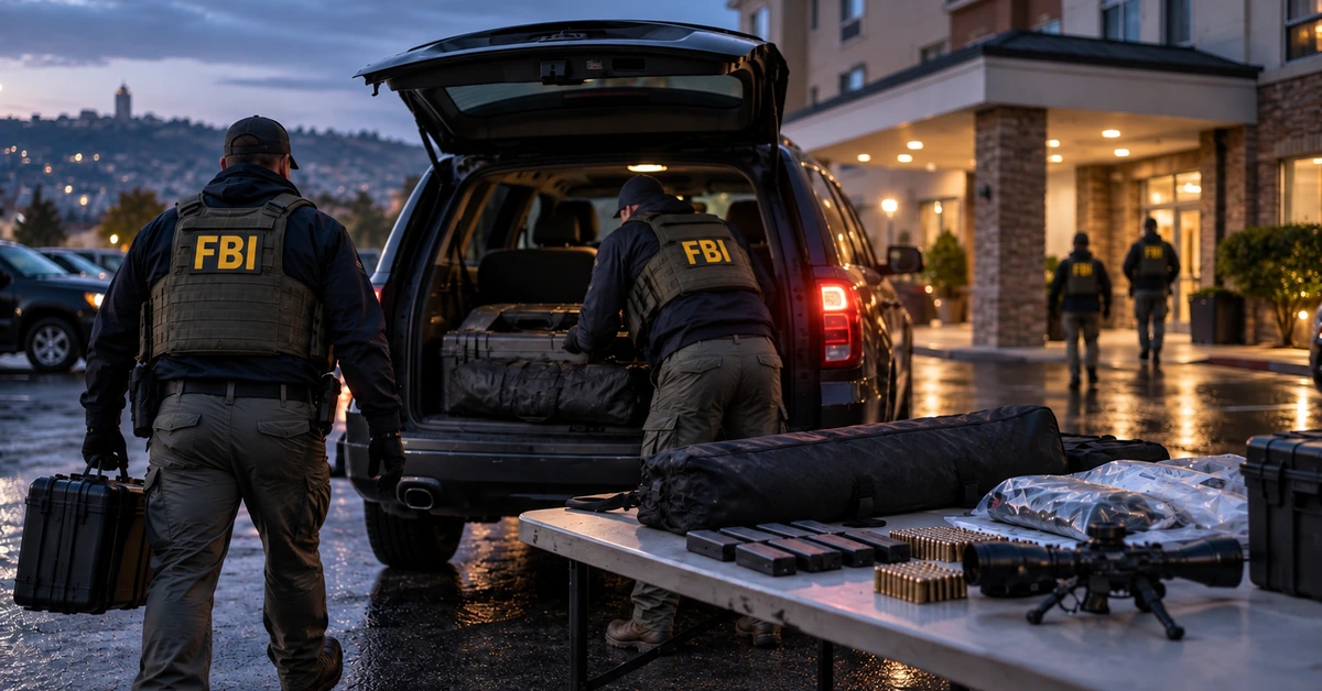 Editorial illustration of a federal law-enforcement operation outside a hotel representing the terrorism case against Jonathan Hunter Kramer.