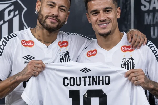 Philippe Coutinho and Neymar together in Santos colours, illustrating Coutinho's return to football with the Brazilian club.