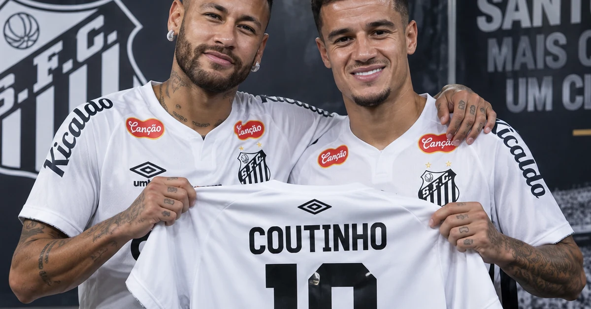 Philippe Coutinho and Neymar together in Santos colours, illustrating Coutinho's return to football with the Brazilian club.