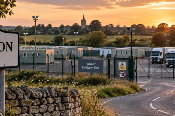 Rural Oxfordshire village beside a fenced former military site at sunset