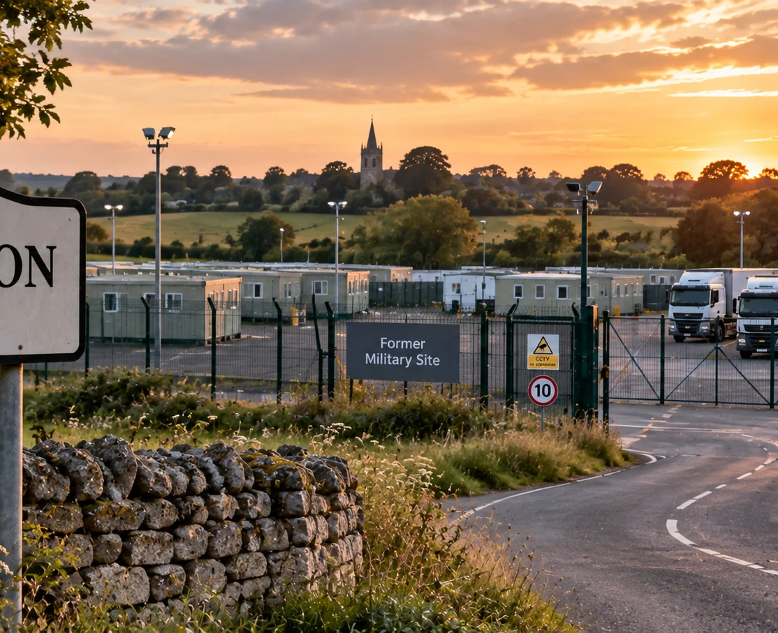Rural Oxfordshire village beside a fenced former military site at sunset