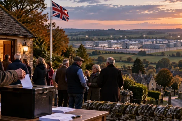 Illustration of residents voting in an Oxfordshire village with a proposed large accommodation site visible nearby.